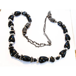 Vintage Black Nugget Necklace Lucite Beads 32-38 Inch Victorian Style